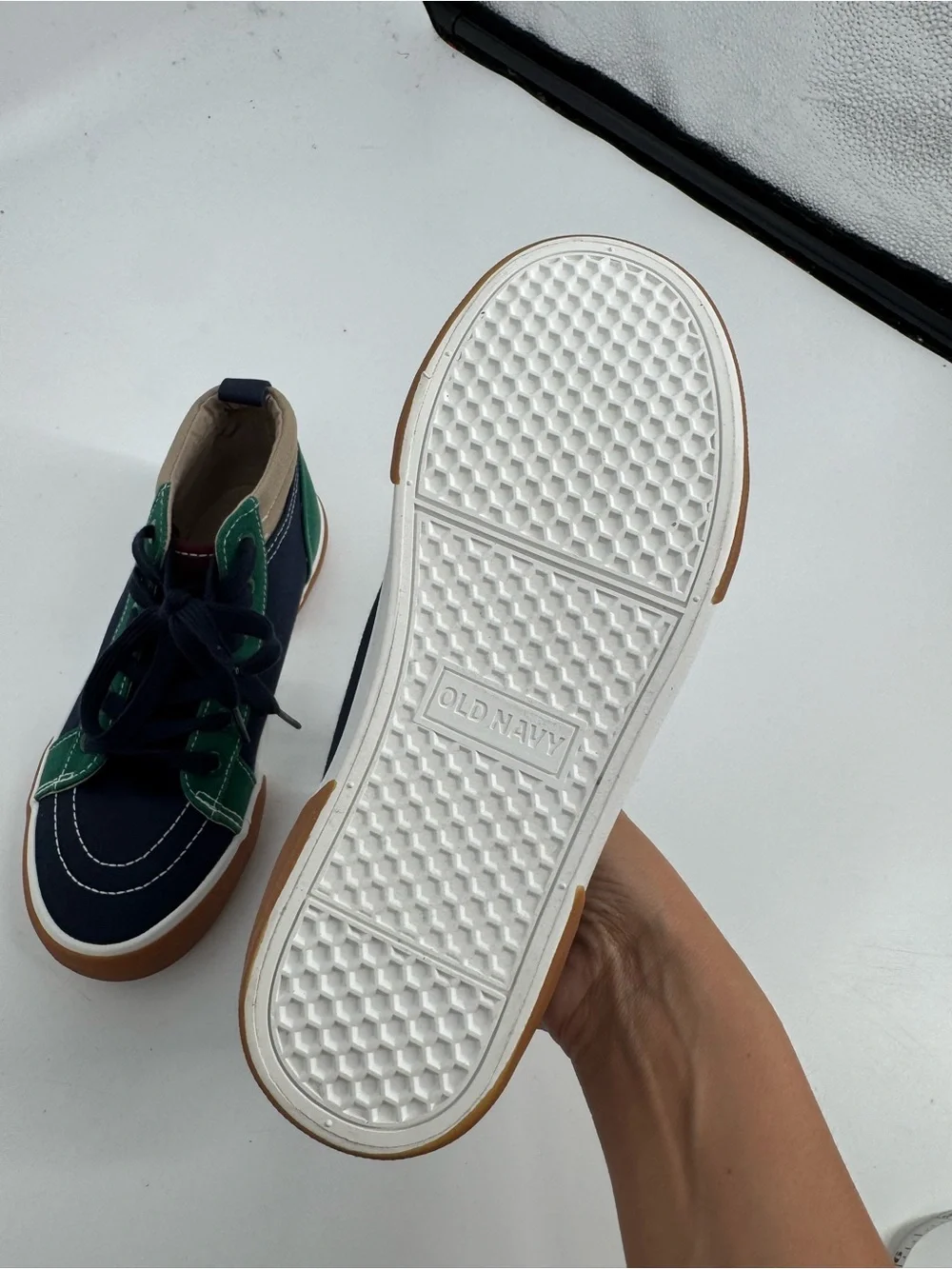 Old Navy High-Top Canvas Sneakers Navy Green Brown Lace Up Outdoor Boys 3 22